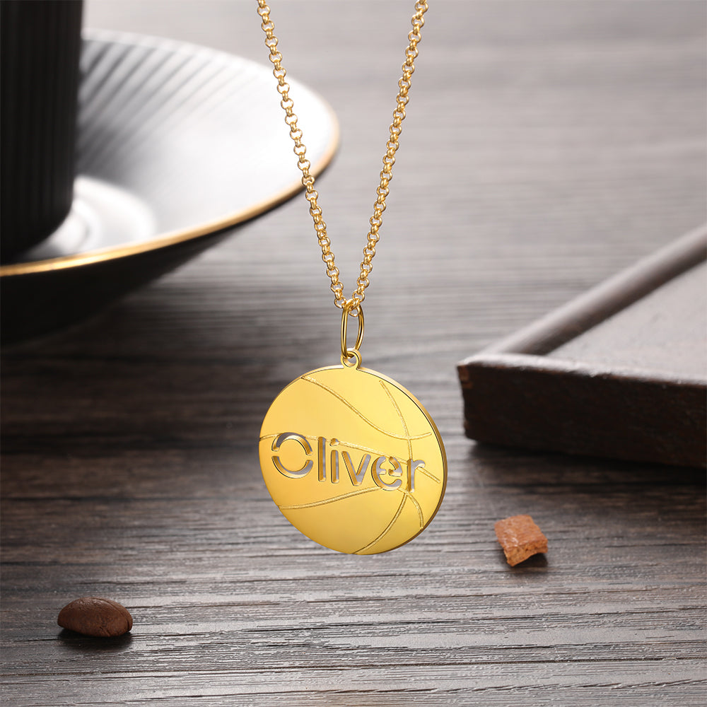 Personalized Rhodium Plated Basketball Name Necklace