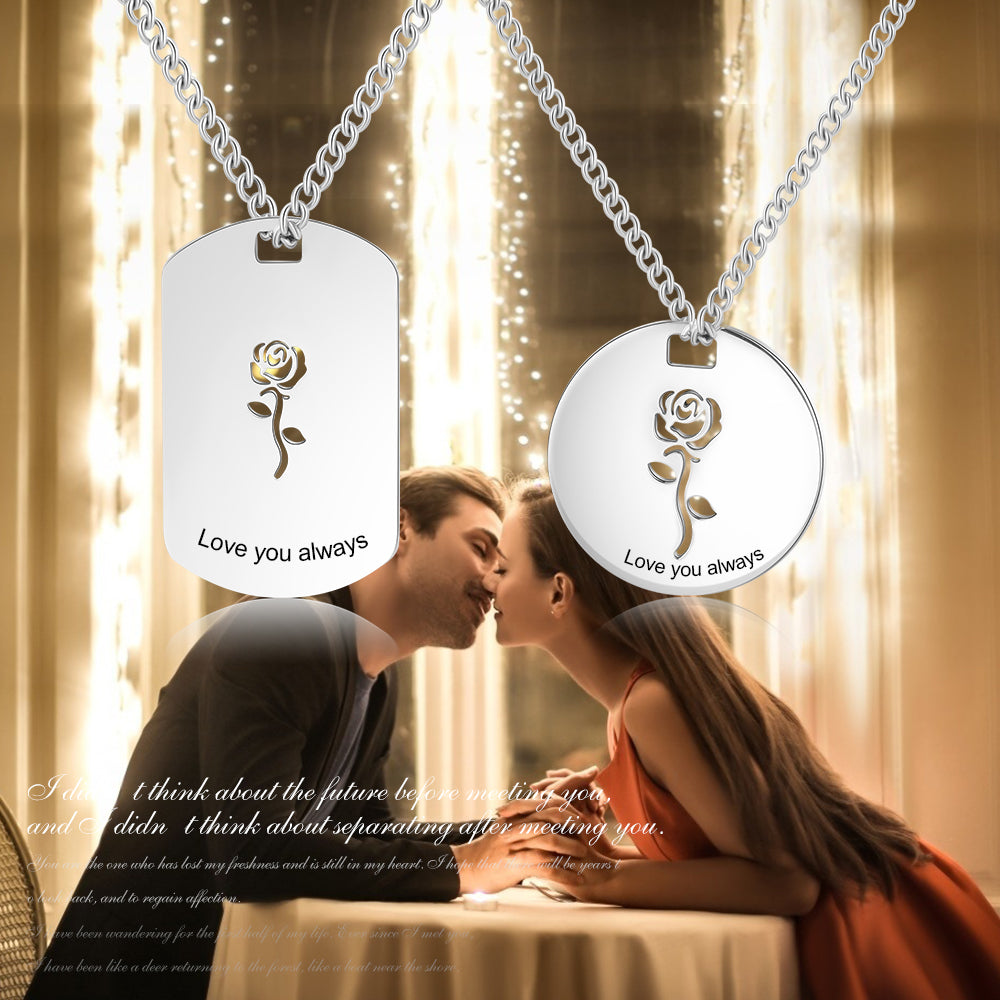 Personalized Stainless Steel Rose Flower Couple Necklace