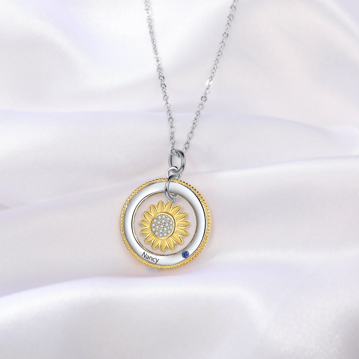 Birthstone & Engraved Rhodium plated Necklace