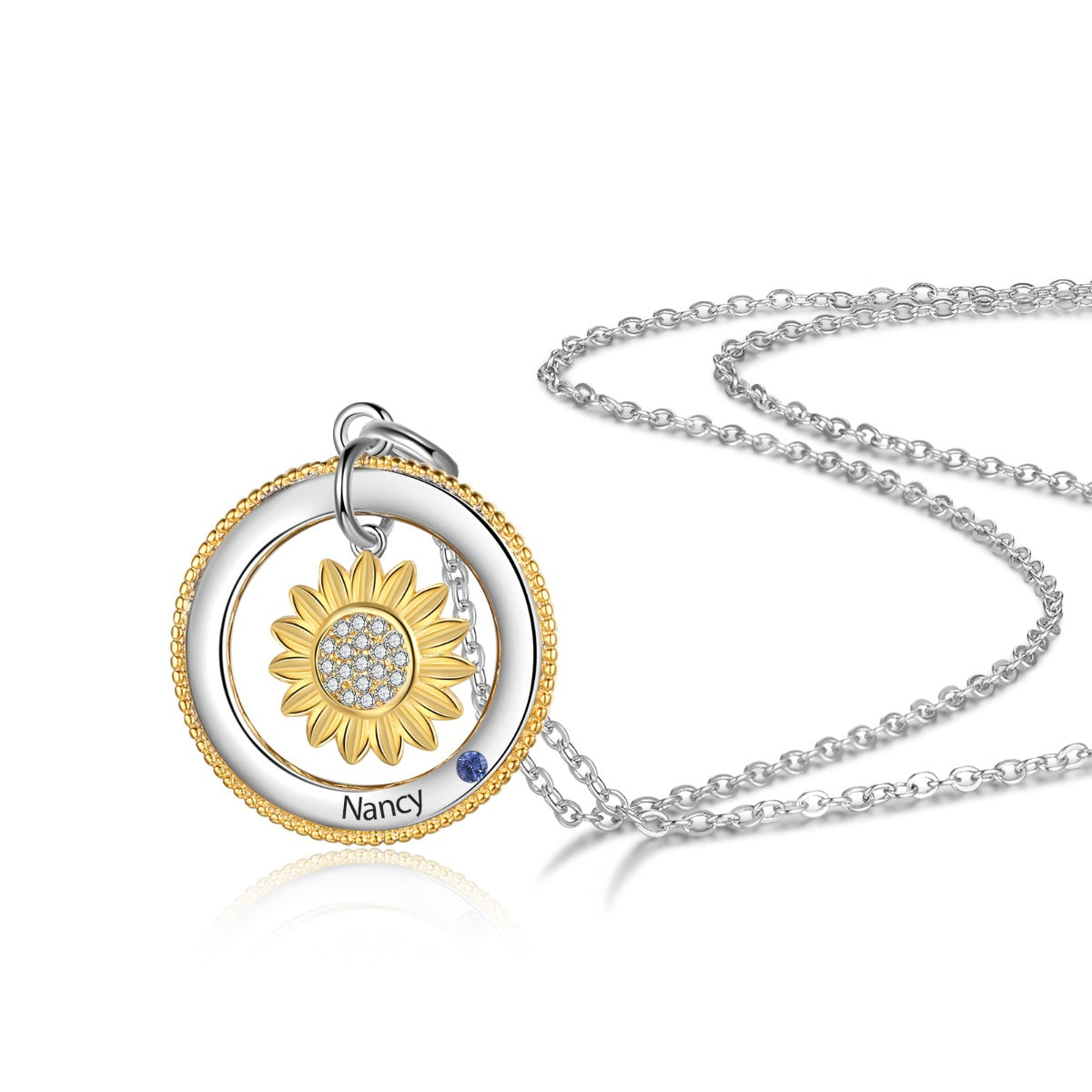 Birthstone & Engraved Rhodium plated Necklace