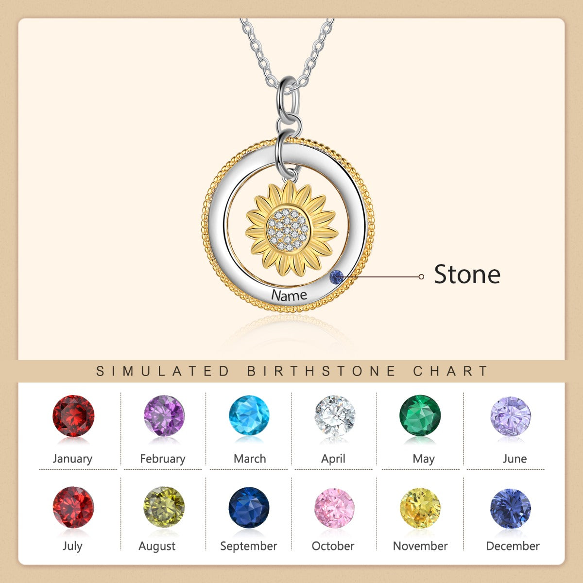 Birthstone & Engraved Rhodium plated Necklace