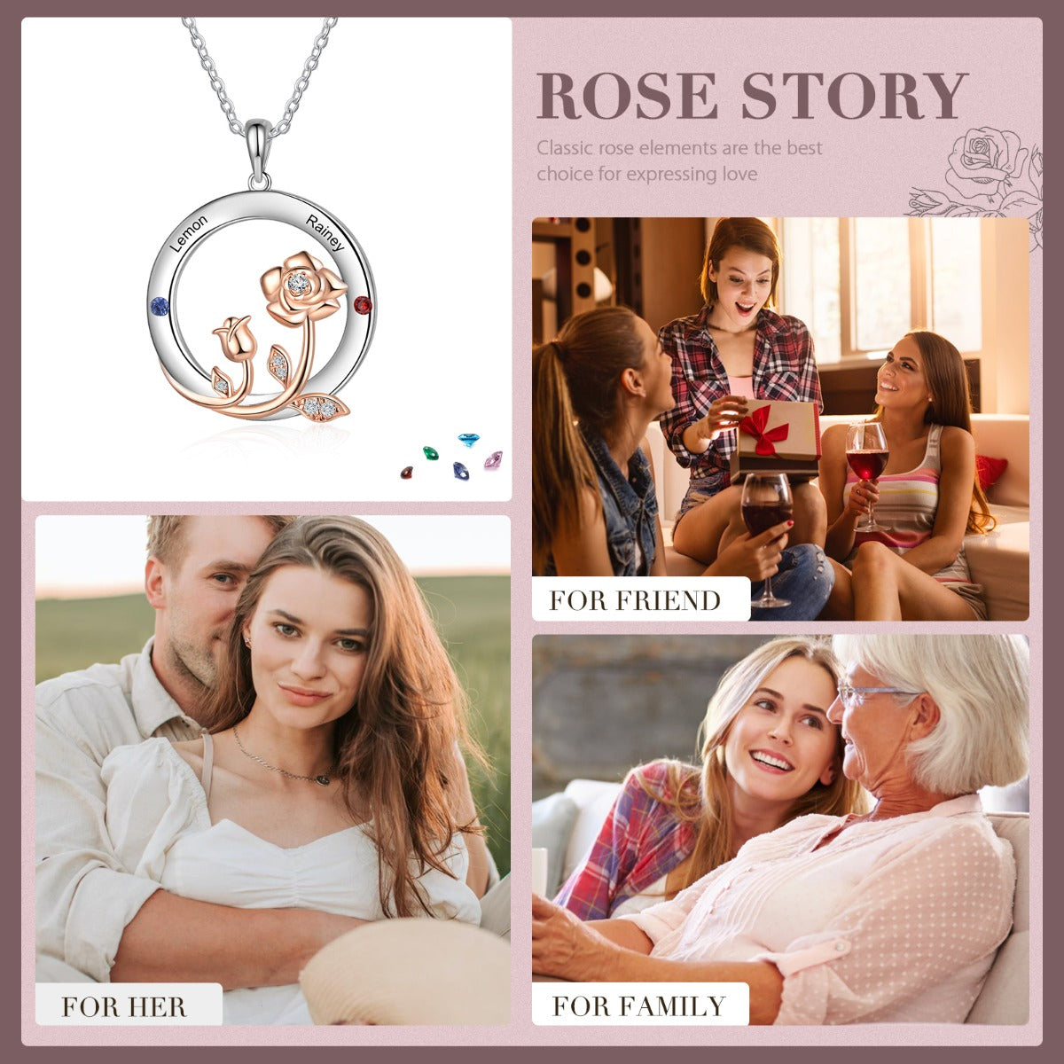 Rhodium Plated Rose Flower Pendant Necklace