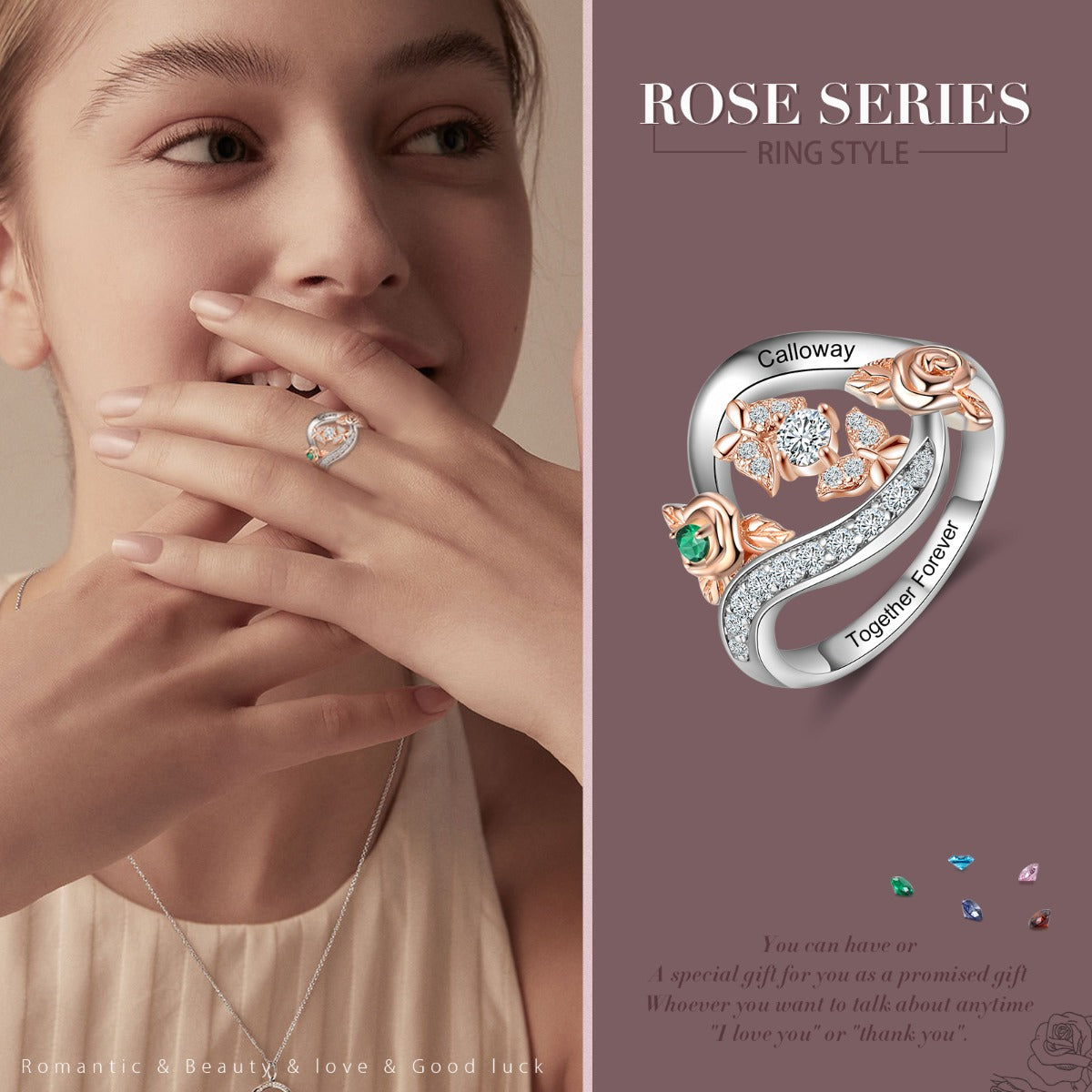 S925 Silver Birthstone Rose Flower Ring