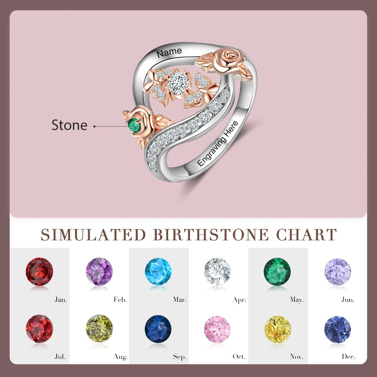 S925 Silver Birthstone Rose Flower Ring